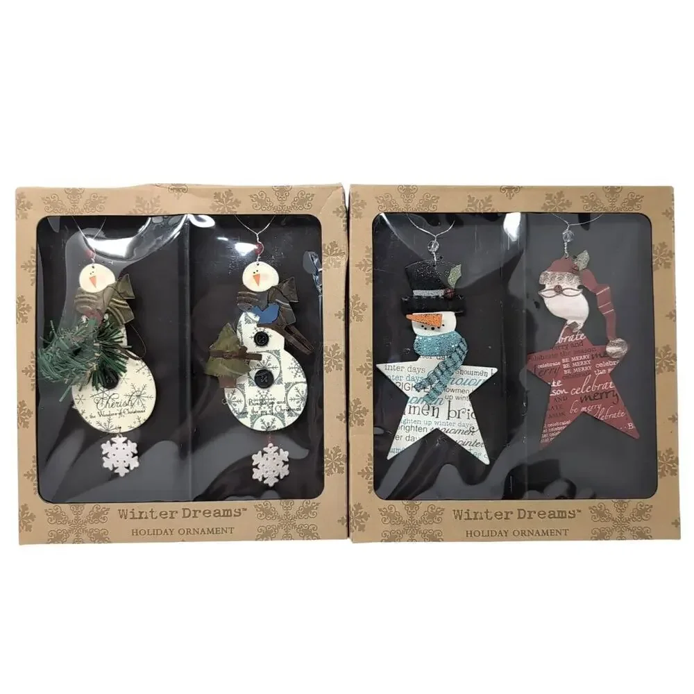 Snowman Santa Christmas Ornaments‎ Metal Winter Dreams 2 Boxes 4 pc NEW NWT